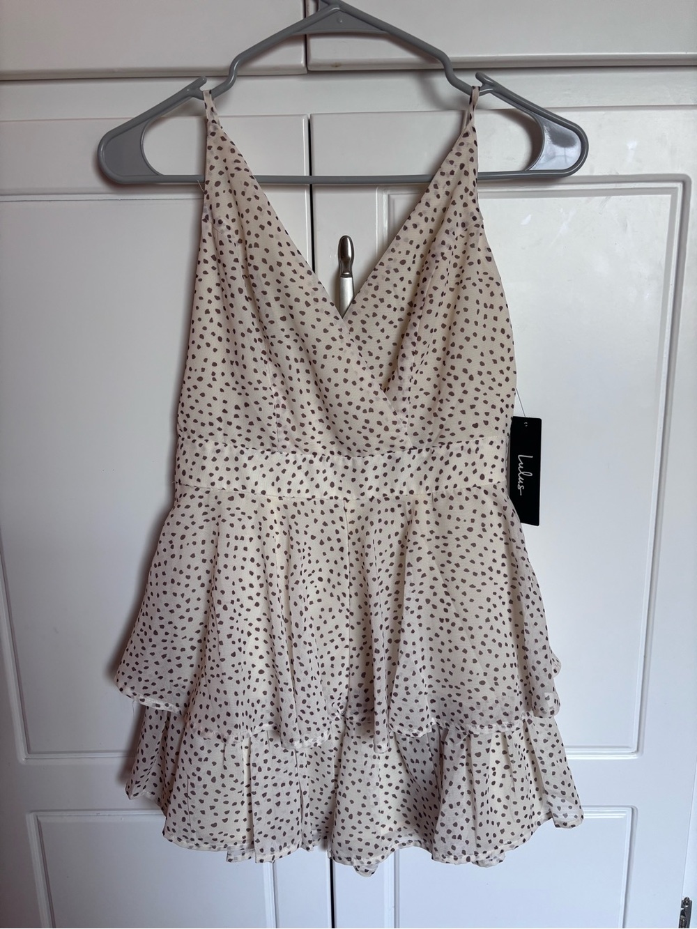 Lulu's Cream Dress with Brown Polka Dots - Tiered V-Neck